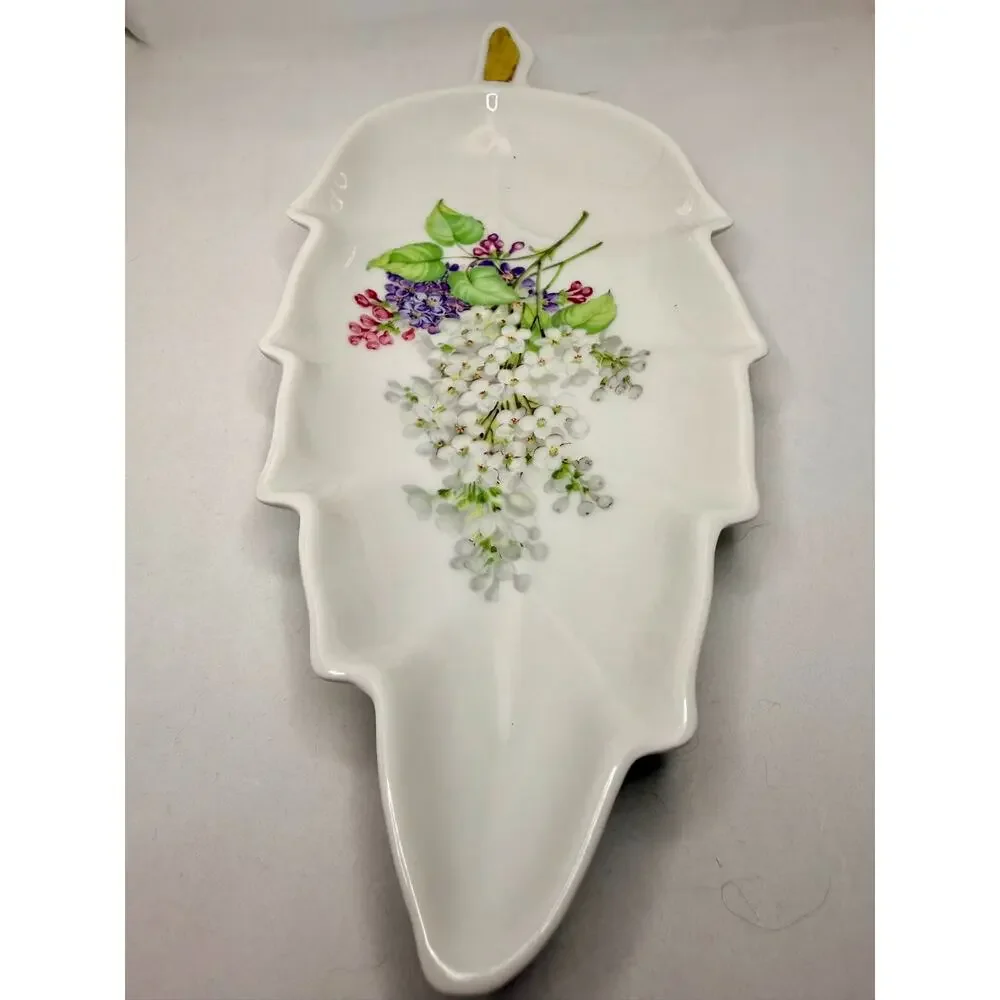 Vintage Old Nuremberg Bavaria Germany Porcelain Leaf Dish Floral Gold Accent